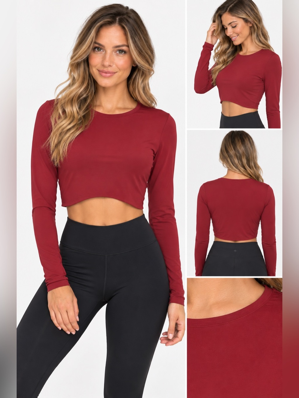 LASLULU Women's Active Wear Double Lined Long Sleeve Crop Top in Red Size Medium